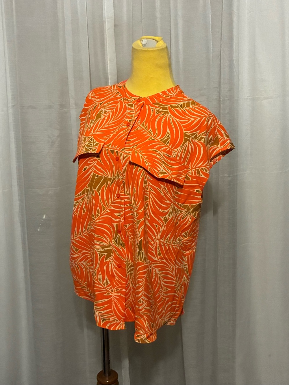 Worthington Orange Tropical-Print Cap Sleeve Blouse